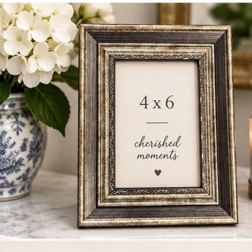 Ornate 4x6 Picture Frame Antiqued Silver Pewter Look Tabletop Wall Decor